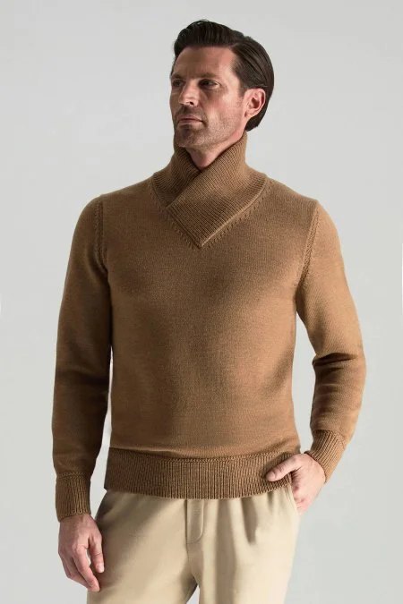Merino Yünü Şal Yaka Camel Triko Kazak