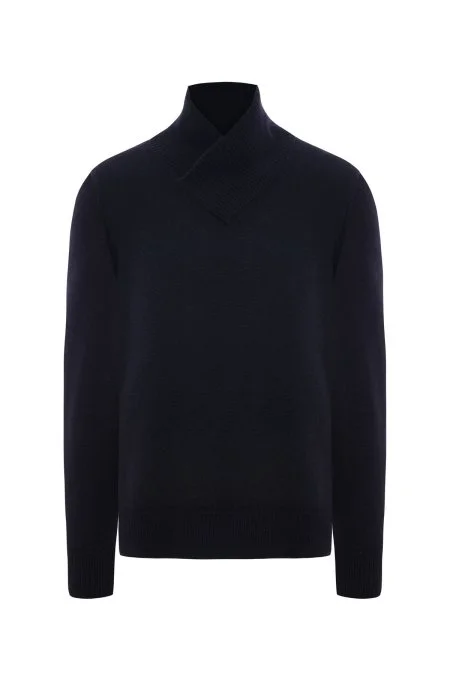Merino Yünü Şal Yaka Lacivert Triko Kazak