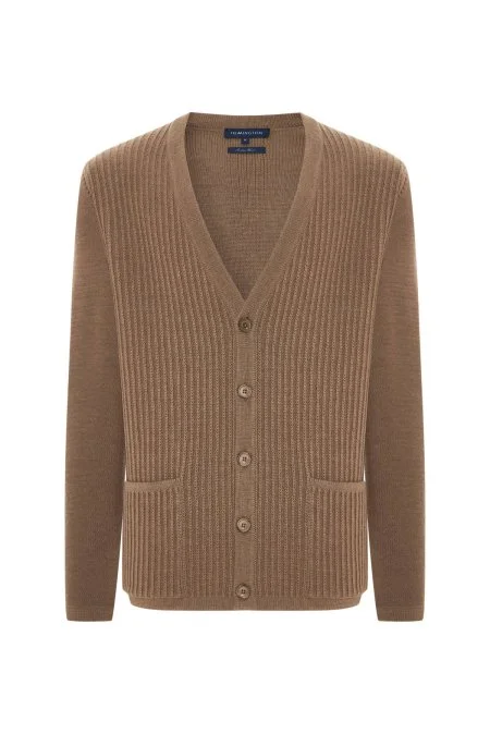 Merino Yünü Şerit Desenli Camel Triko Hırka