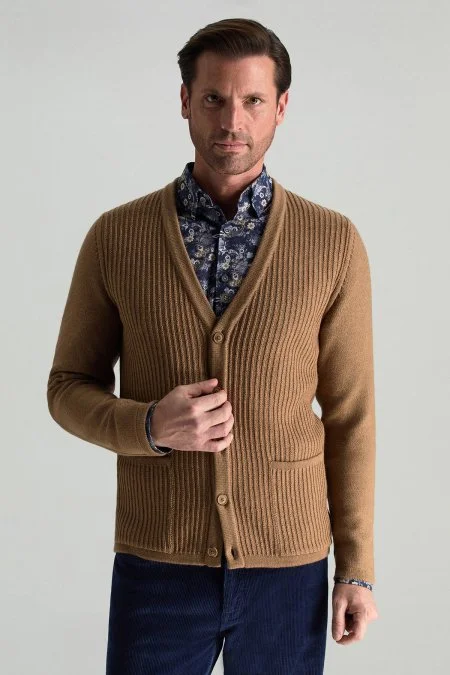 Merino Yünü Şerit Desenli Camel Triko Hırka