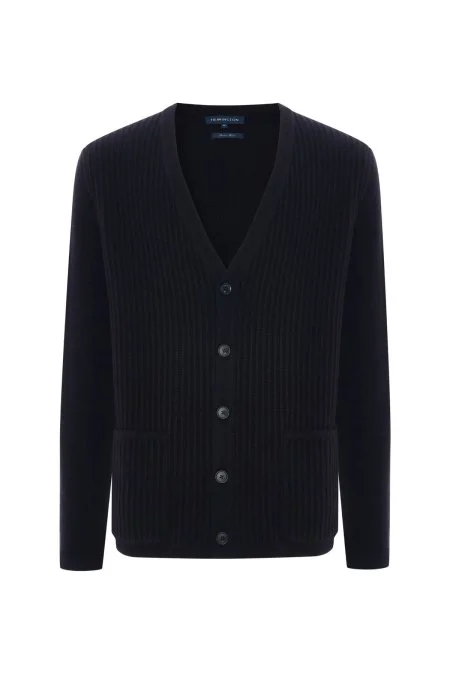 Merino Yünü Şerit Desenli Lacivert Triko Hırka