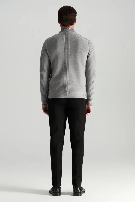 Merino Yünü Şerit Detaylı Bisiklet Yaka Açık Gri Triko Kazak