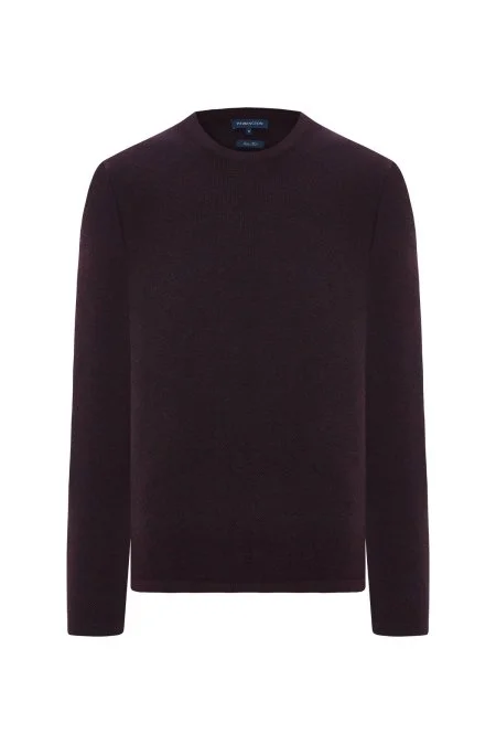 Merino Yünü Şerit Detaylı Bisiklet Yaka Bordo Triko Kazak