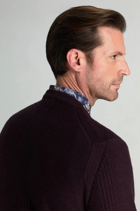 Merino Yünü Şerit Detaylı Bisiklet Yaka Bordo Triko Kazak