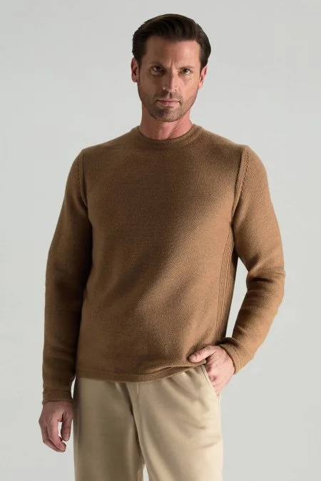 Merino Yünü Şerit Detaylı Bisiklet Yaka Camel Triko Kazak