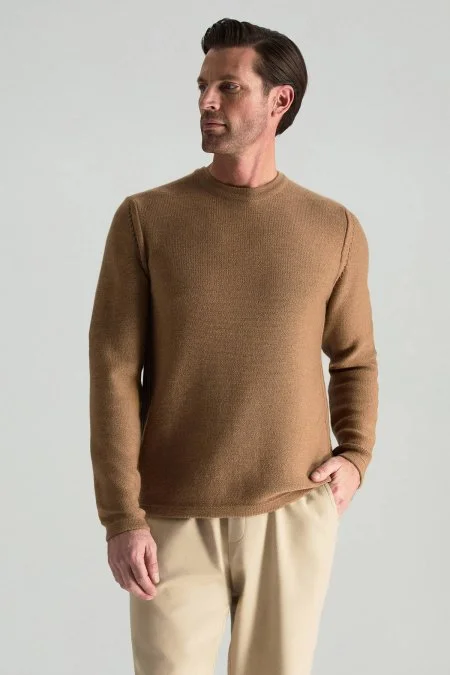 Merino Yünü Şerit Detaylı Bisiklet Yaka Camel Triko Kazak