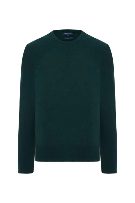 Merino Yünü Şerit Detaylı Bisiklet Yaka Koyu Yeşil Triko Kazak