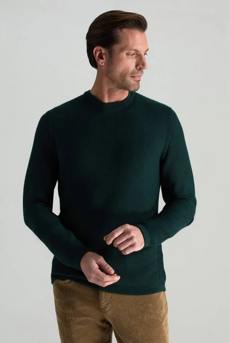 Merino Yünü Şerit Detaylı Bisiklet Yaka Koyu Yeşil Triko Kazak