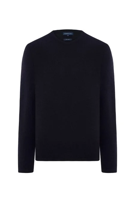 Merino Yünü Şerit Detaylı Bisiklet Yaka Lacivert Triko Kazak