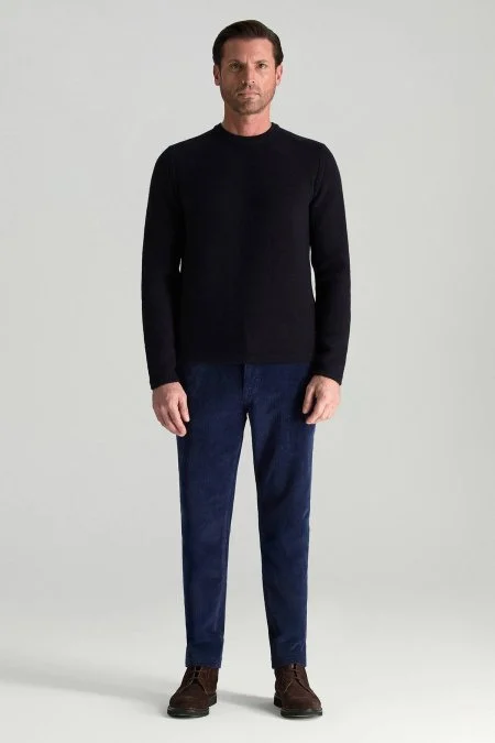 Merino Yünü Şerit Detaylı Bisiklet Yaka Lacivert Triko Kazak