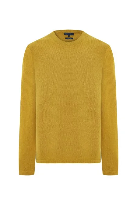 Merino Yünü Şerit Detaylı Bisiklet Yaka Sarı Triko Kazak