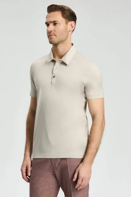 Merserize Pamuk Açık Bej Polo Yaka T-Shirt