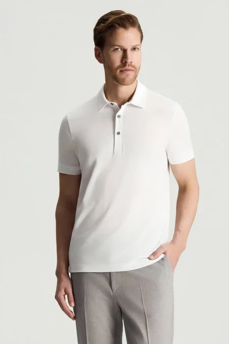 Merserize Pamuk Beyaz Polo Yaka T-Shirt