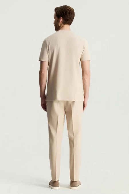 Merserize Pamuk Bisiklet Yaka Bej Basic T-Shirt
