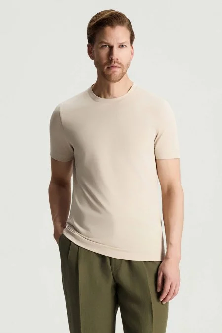 Merserize Pamuk Bisiklet Yaka Bej T-Shirt
