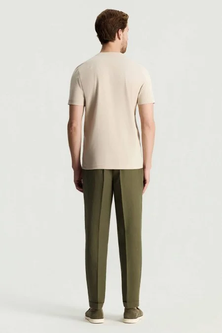 Merserize Pamuk Bisiklet Yaka Bej T-Shirt