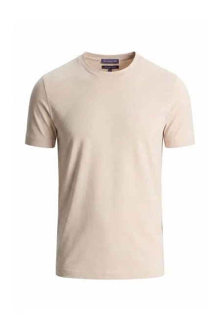 Merserize Pamuk Bisiklet Yaka Bej T-Shirt