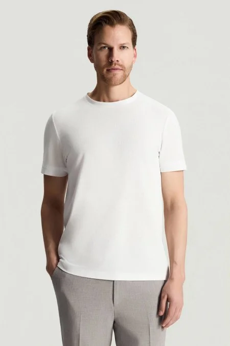 Merserize Pamuk Bisiklet Yaka Beyaz Basic T-Shirt