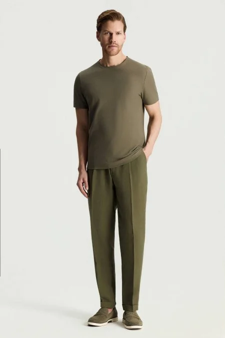 Merserize Pamuk Bisiklet Yaka Haki Basic T-Shirt