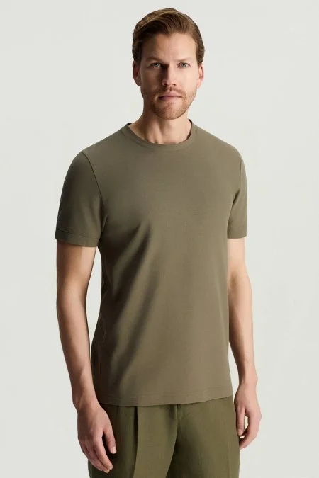 Merserize Pamuk Bisiklet Yaka Haki Basic T-Shirt