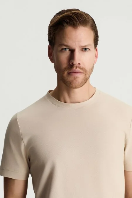 Merserize Pamuk Bisiklet Yaka Krem Basic T-Shirt