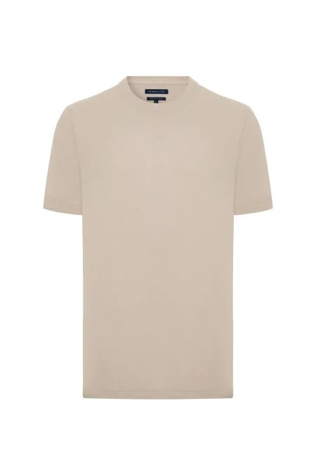 Merserize Pamuk Bisiklet Yaka Krem Basic T-Shirt