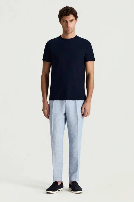 Merserize Pamuk Bisiklet Yaka Lacivert Basic T-Shirt