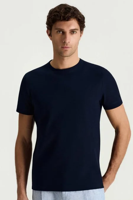 Merserize Pamuk Bisiklet Yaka Lacivert Basic T-Shirt