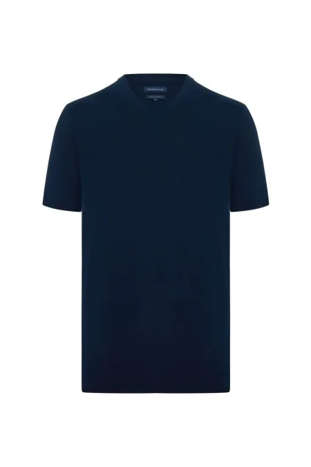 Merserize Pamuk Bisiklet Yaka Lacivert Basic T-Shirt