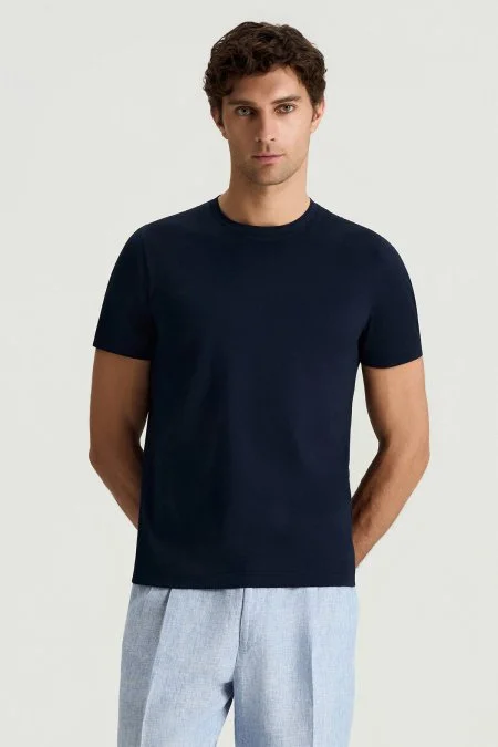 Merserize Pamuk Bisiklet Yaka Lacivert T-Shirt