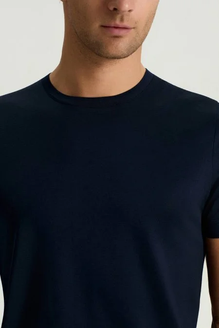 Merserize Pamuk Bisiklet Yaka Lacivert T-Shirt