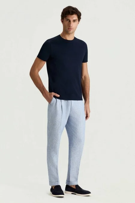 Merserize Pamuk Bisiklet Yaka Lacivert T-Shirt