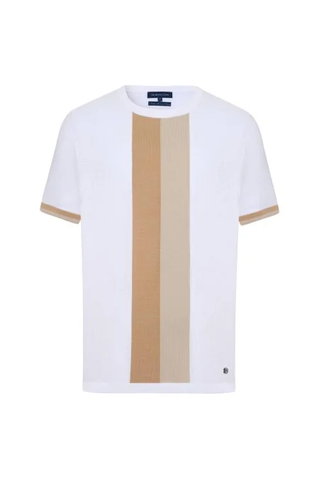 Merserize Pamuk Blok Detaylı Bisiklet Yaka Beyaz-Bej Triko T-Shirt