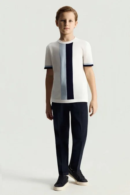 Merserize Pamuk Blok Detaylı Bisiklet Yaka Beyaz Çocuk Triko T-Shirt