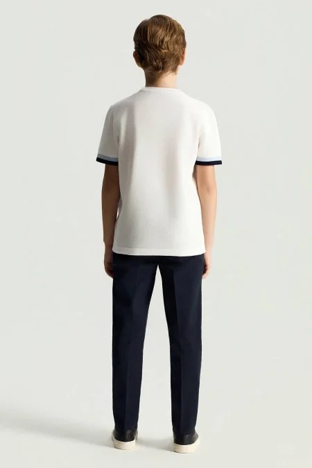 Merserize Pamuk Blok Detaylı Bisiklet Yaka Beyaz Çocuk Triko T-Shirt