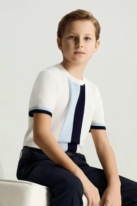 Merserize Pamuk Blok Detaylı Bisiklet Yaka Beyaz Çocuk Triko T-Shirt