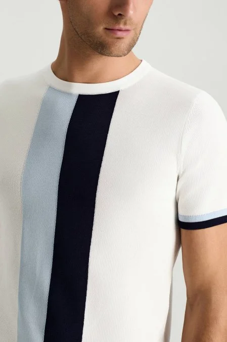 Merserize Pamuk Blok Detaylı Bisiklet Yaka Beyaz Triko T-Shirt