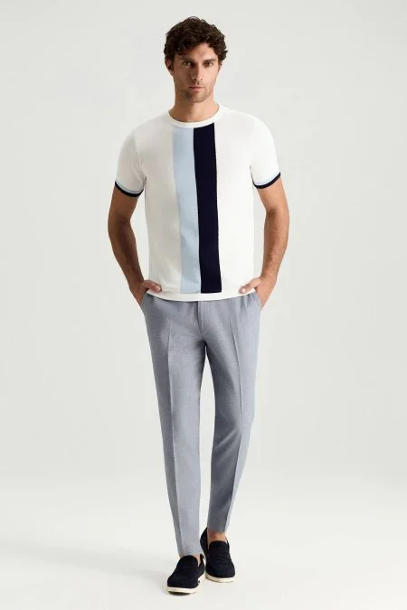 Merserize Pamuk Blok Detaylı Bisiklet Yaka Beyaz Triko T-Shirt