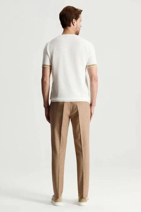 Merserize Pamuk Blok Detaylı Bisiklet Yaka Krem Triko T-Shirt