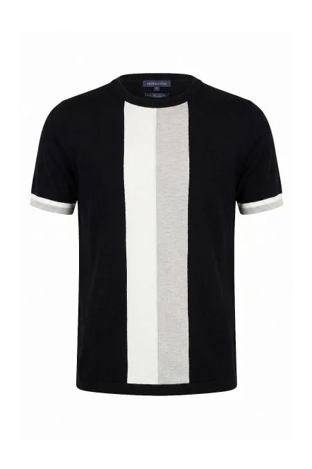 Merserize Pamuk Blok Detaylı Bisiklet Yaka Siyah-Gri Triko T-Shirt