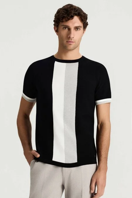 Merserize Pamuk Blok Detaylı Bisiklet Yaka Siyah Triko T-Shirt