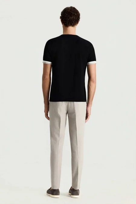 Merserize Pamuk Blok Detaylı Bisiklet Yaka Siyah Triko T-Shirt