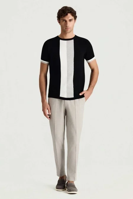 Merserize Pamuk Blok Detaylı Bisiklet Yaka Siyah Triko T-Shirt