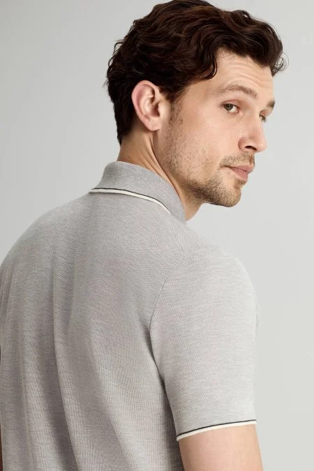 Merserize Pamuk Fermuar Detaylı Açık Gri Triko Polo