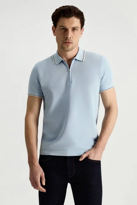 Merserize Pamuk Fermuar Detaylı Açık Mavi Triko Polo