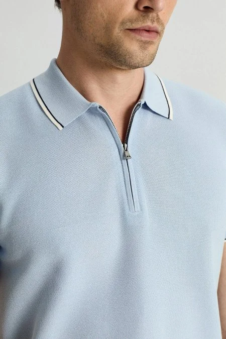 Merserize Pamuk Fermuar Detaylı Açık Mavi Triko Polo