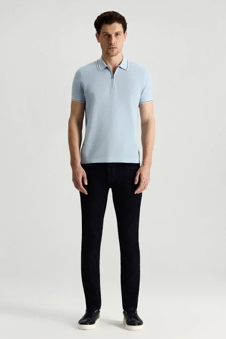 Merserize Pamuk Fermuar Detaylı Açık Mavi Triko Polo