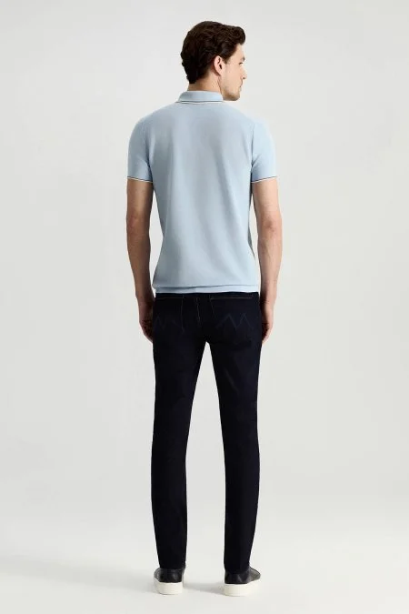 Merserize Pamuk Fermuar Detaylı Açık Mavi Triko Polo