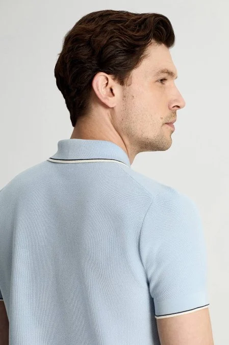 Merserize Pamuk Fermuar Detaylı Açık Mavi Triko Polo