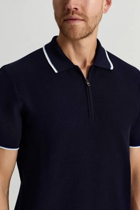 Merserize Pamuk Fermuar Detaylı Lacivert Triko Polo